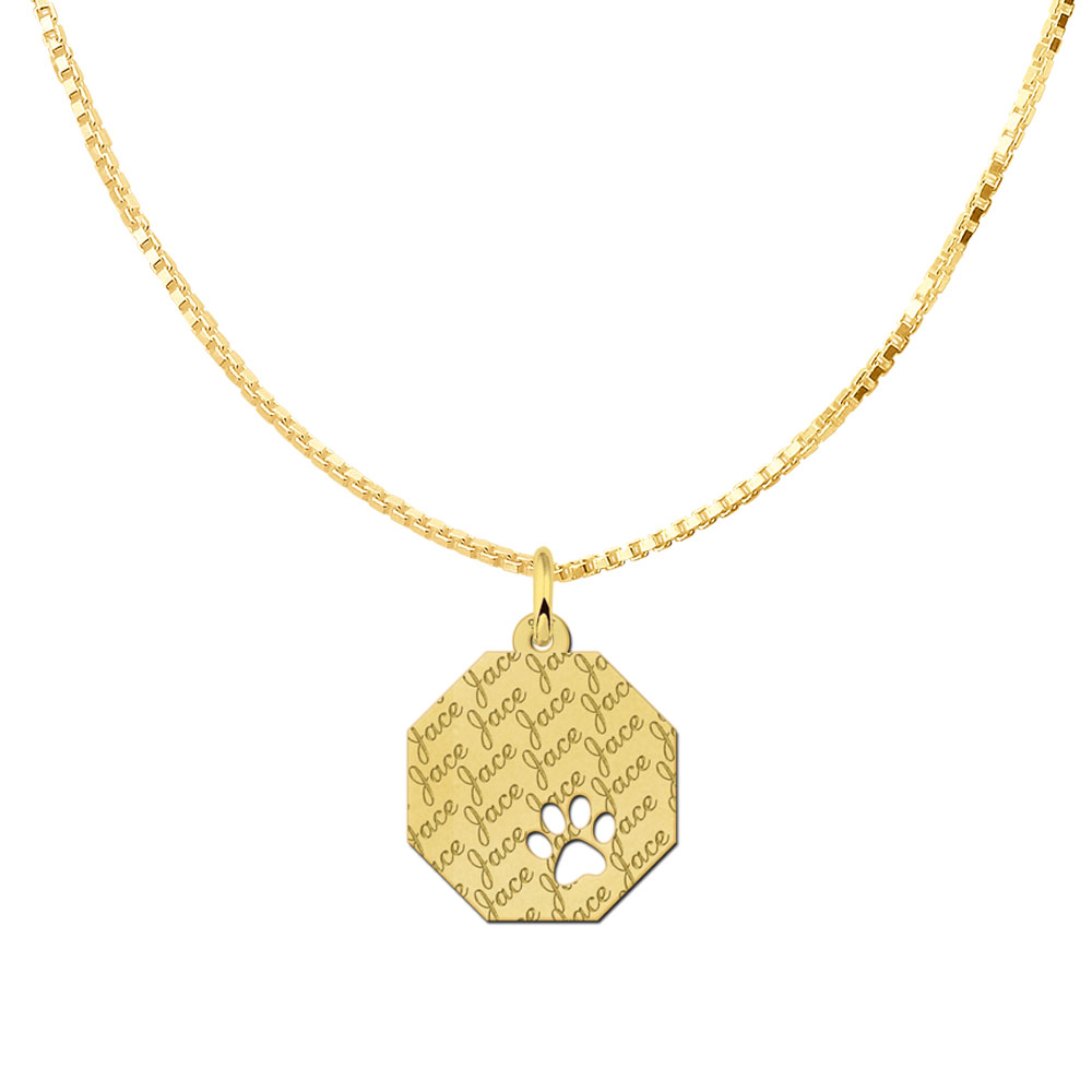 Gold-plated octagonal pendant with name pattern and dog paw