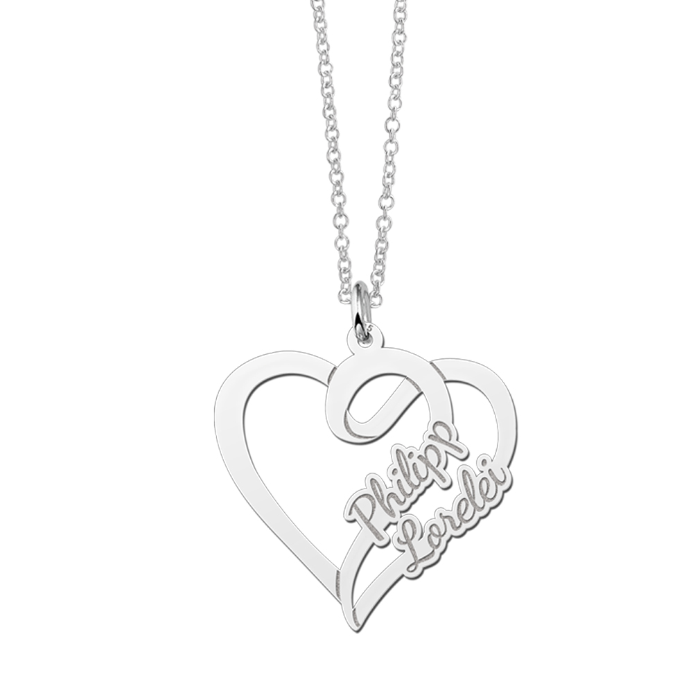 Silver heart shaped pendant for two names