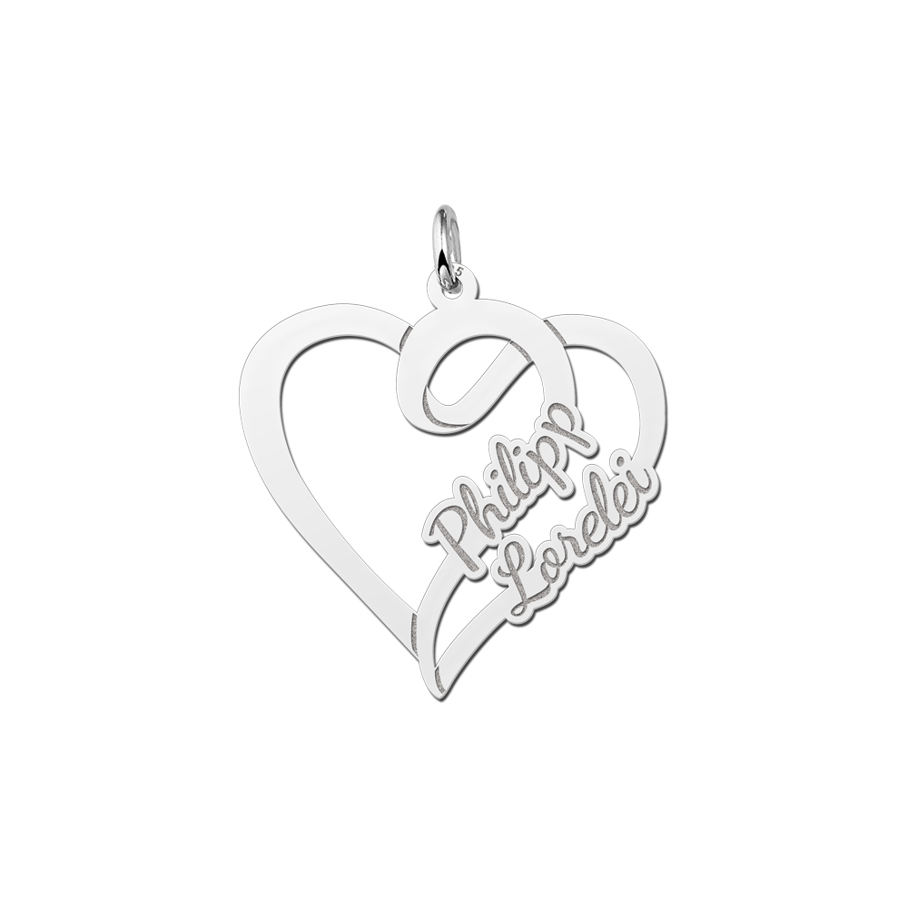Silver heart shaped pendant for two names