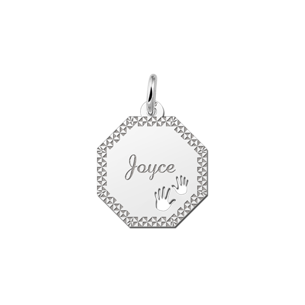 Silver Octagon Pendant with Name, Border and Hands