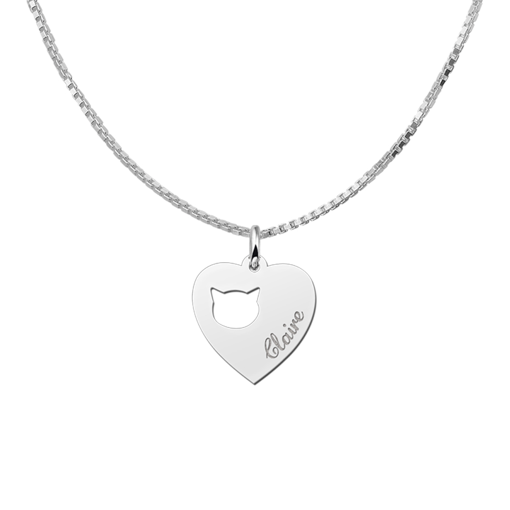 Engraved Silver Heart Necklace, Cats Head with Name