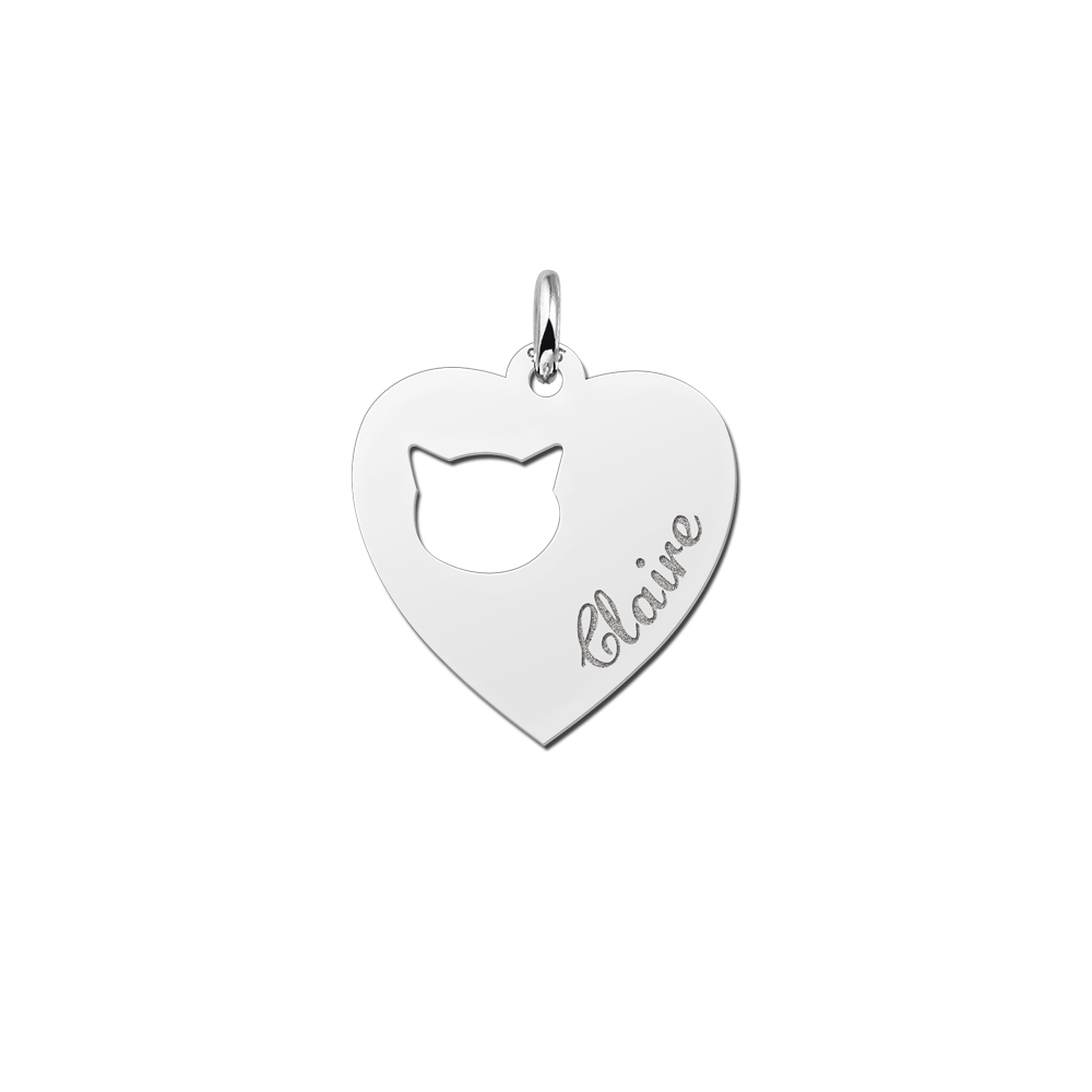 Engraved Silver Heart Necklace, Cats Head with Name
