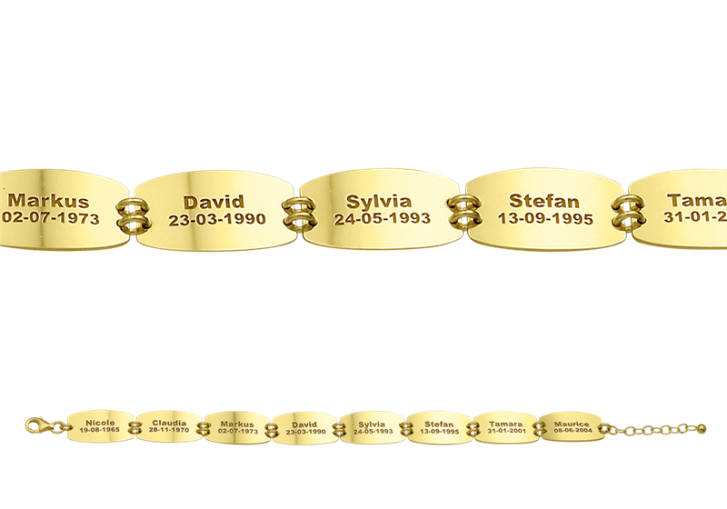 Gold name bracelet 8 names and birthdates