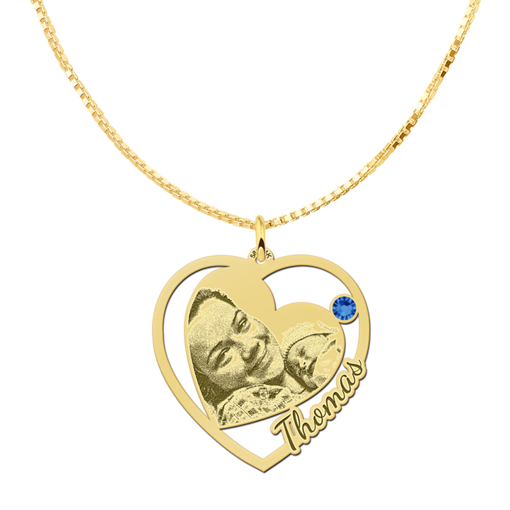 Photo necklace with heart and birthstone gold