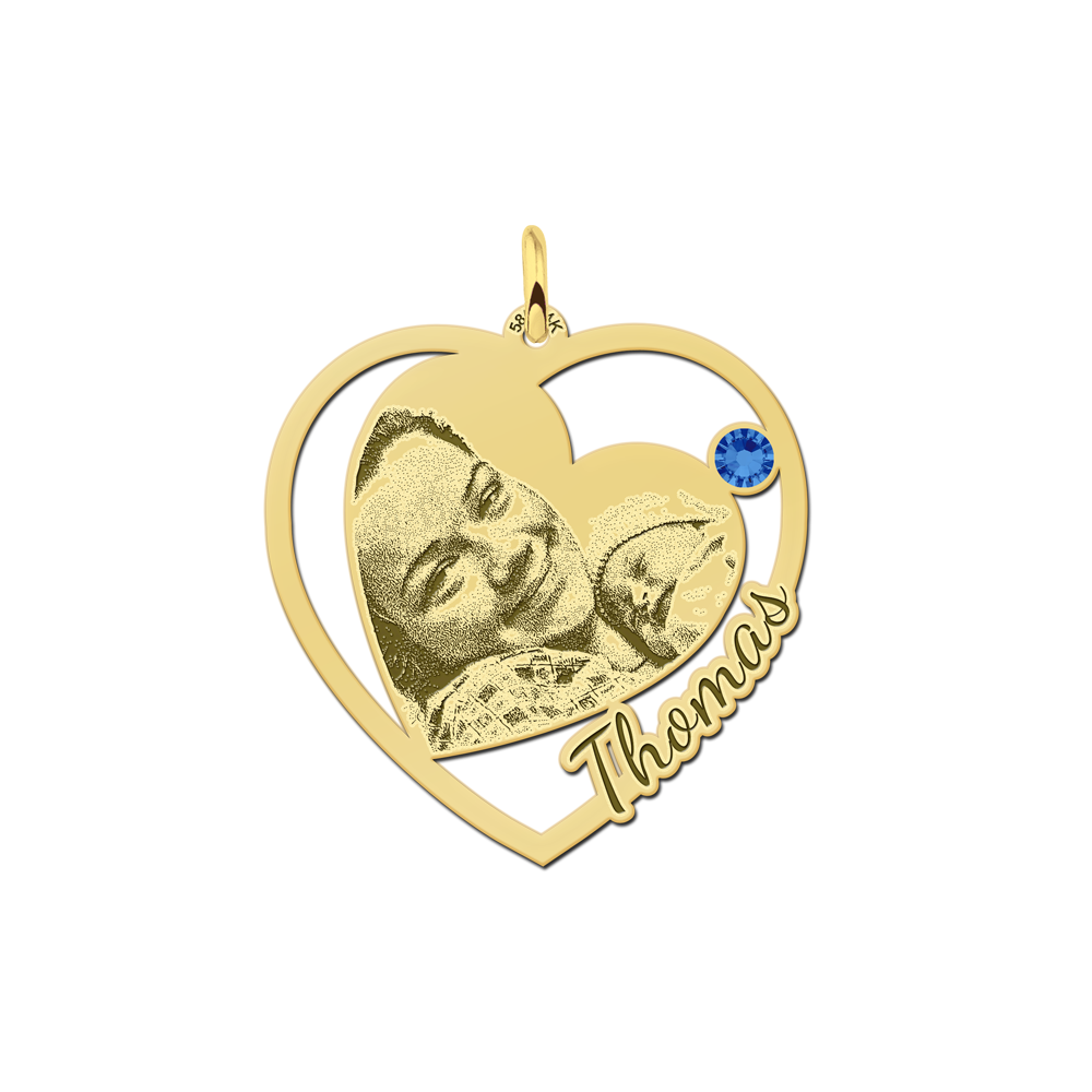 Photo necklace with heart and birthstone gold