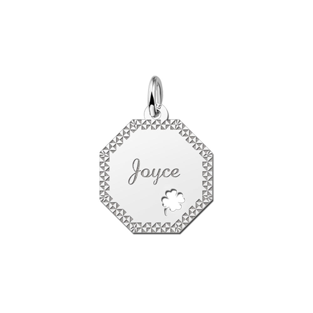 Solid Silver Necklace with Name, Border and Four Leaf Clover