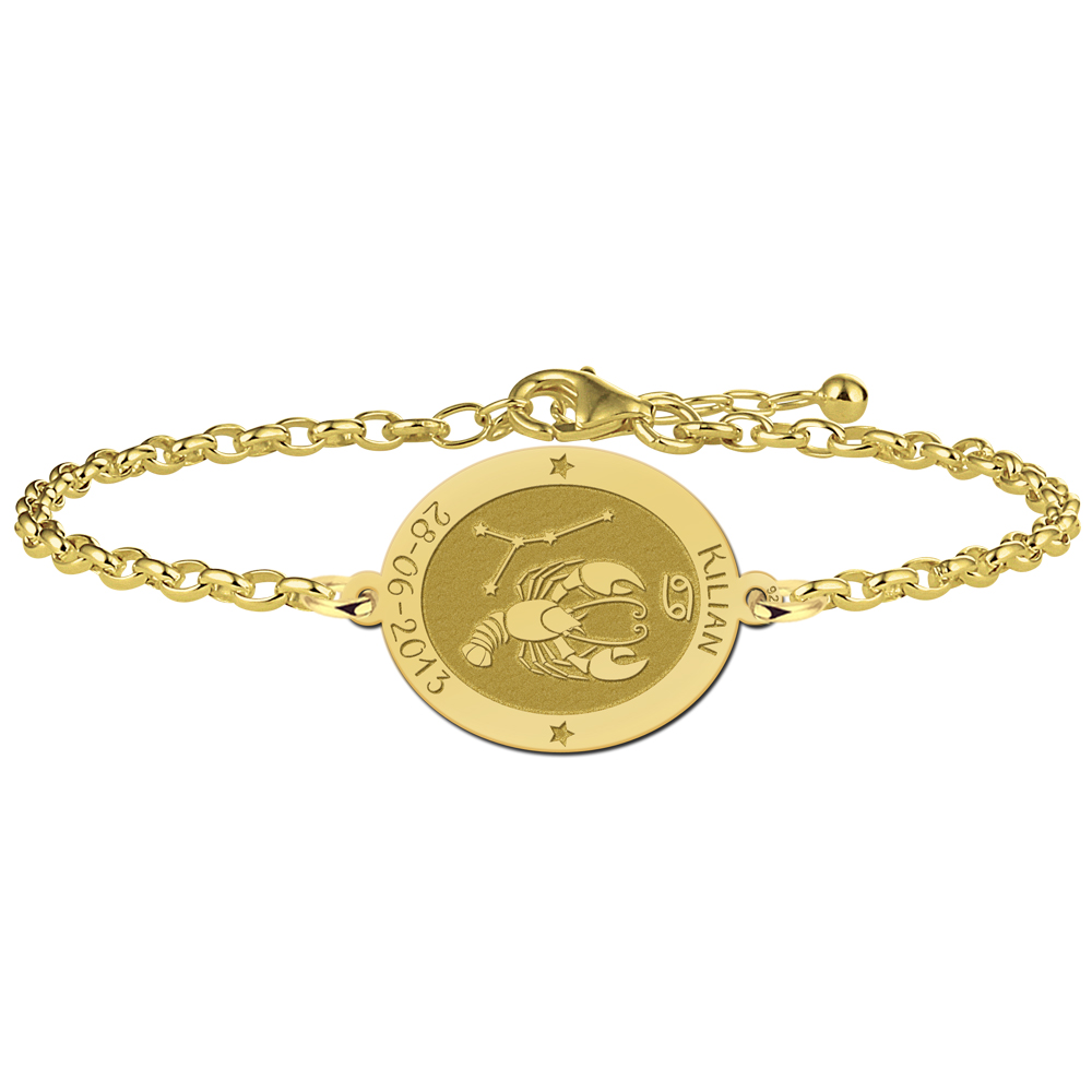 Gold Plated Oval Cancer Zodiac Bracelet with Name and Date
