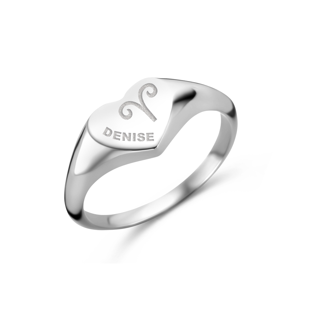 Silver signet ring heart shaped with zodiac sign and name engraving
