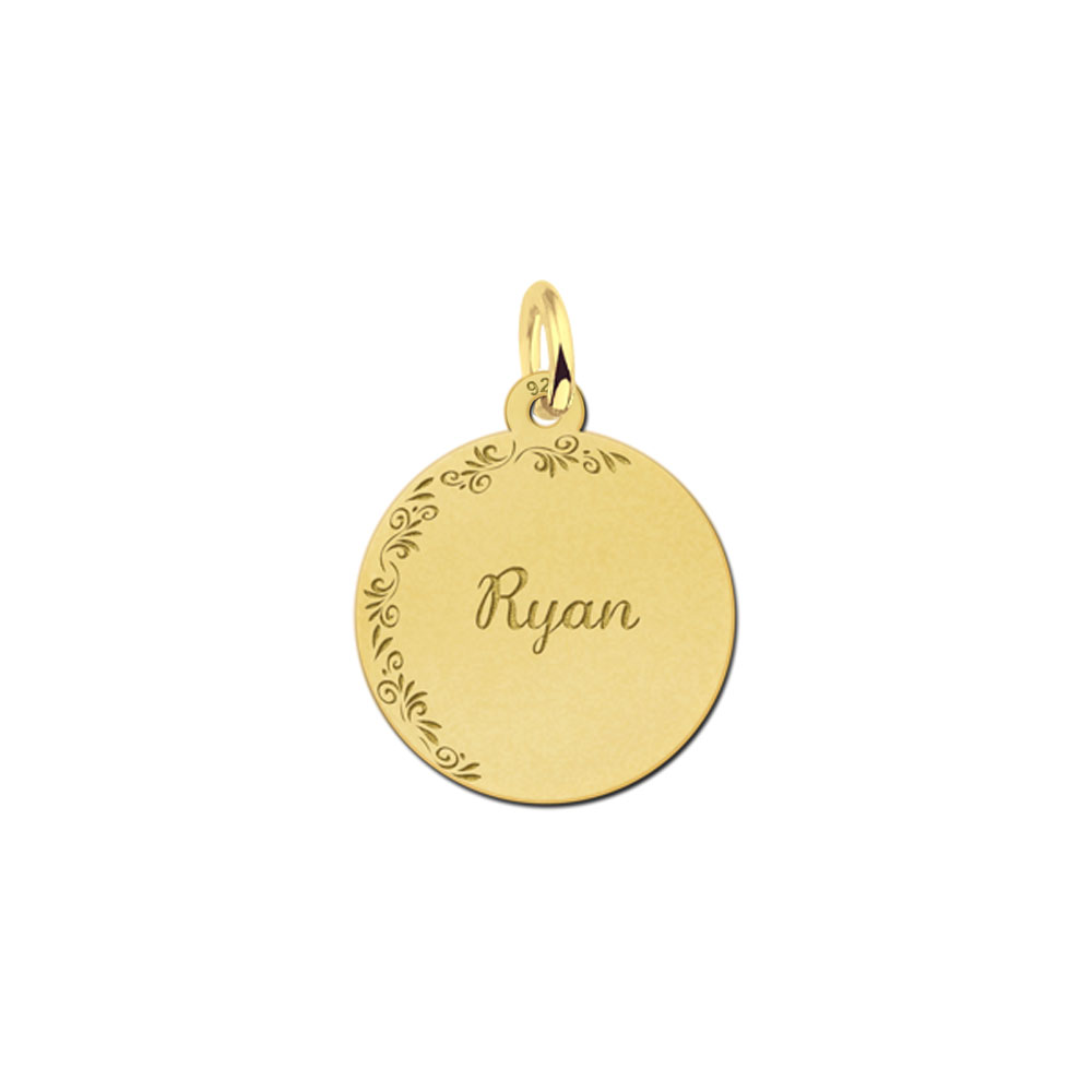 Gold-plated round pendant with floral border and name