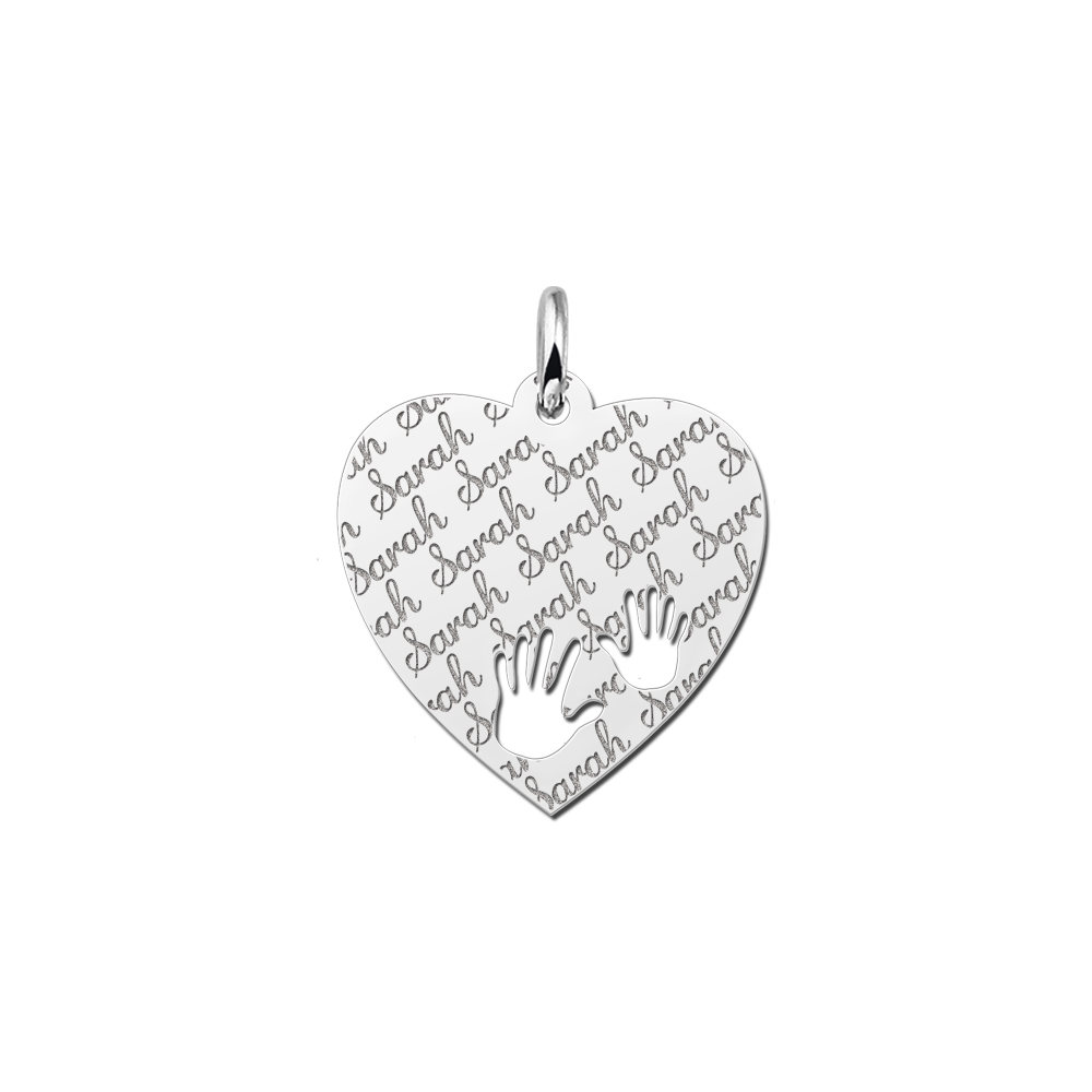 Silver  heart nametag repeat engraving hands