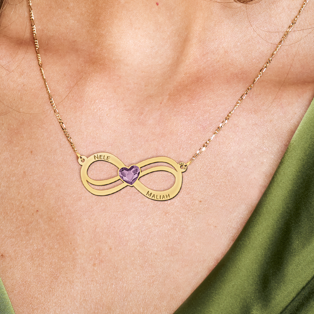 Gold infinity necklace with heart swarovski stone
