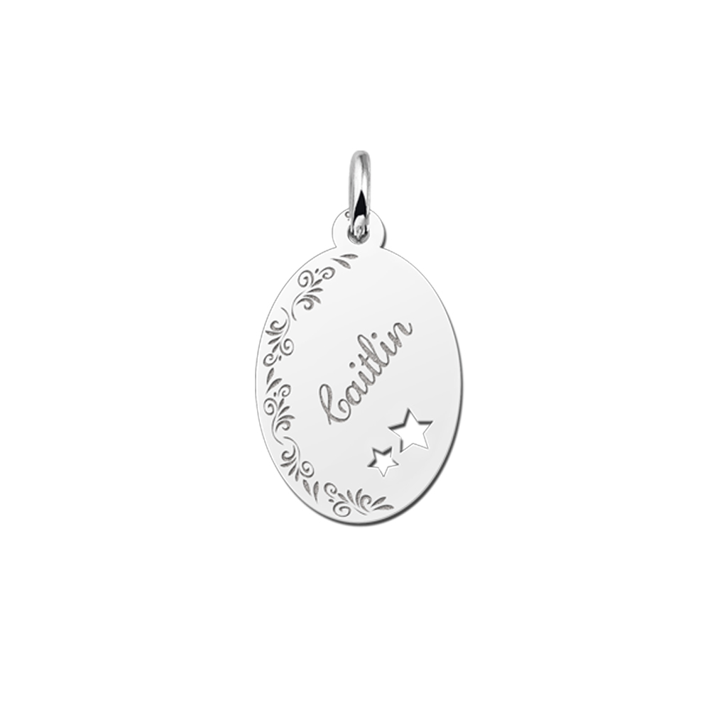 Silver Oval Pendant with Name, Flowers and Stars