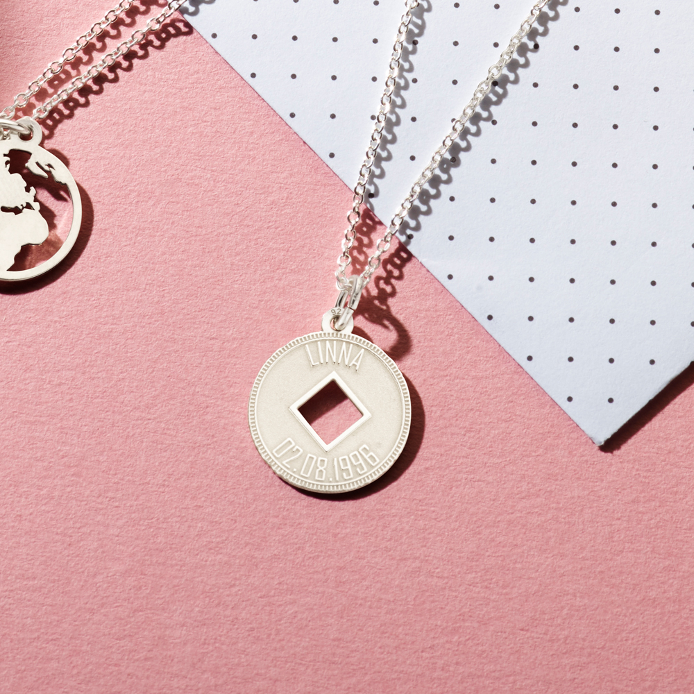 Silver coin necklace with rhombus and engraving