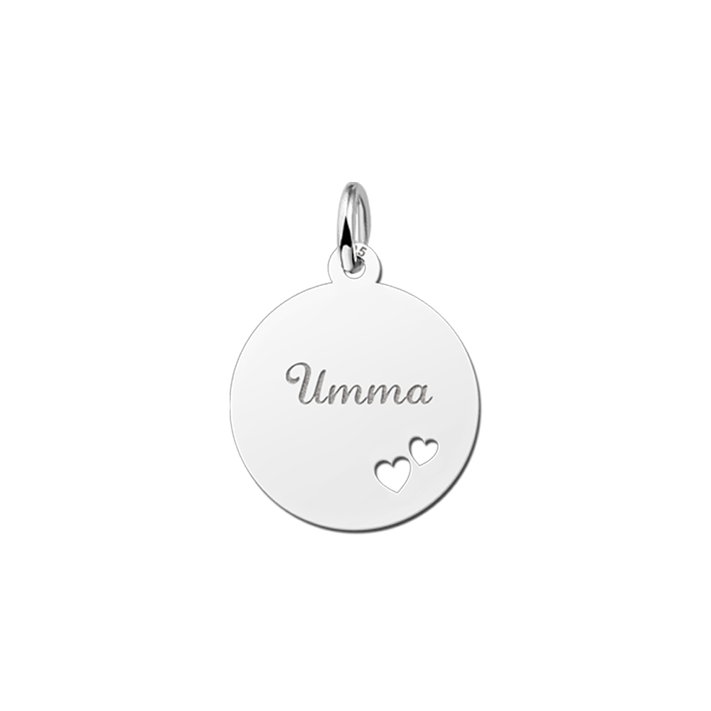 Silver round pendant with name and two hearts