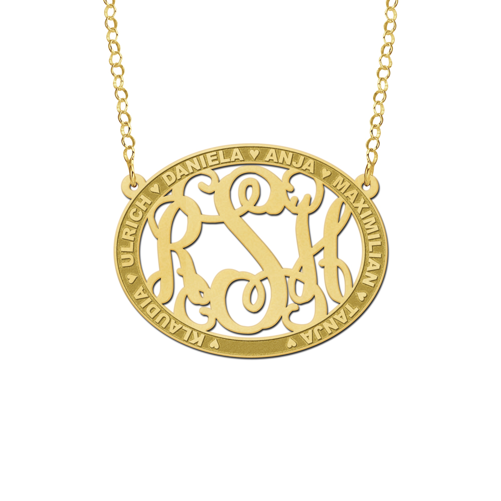 Gold Monogram Necklace with Names, Oval Medium