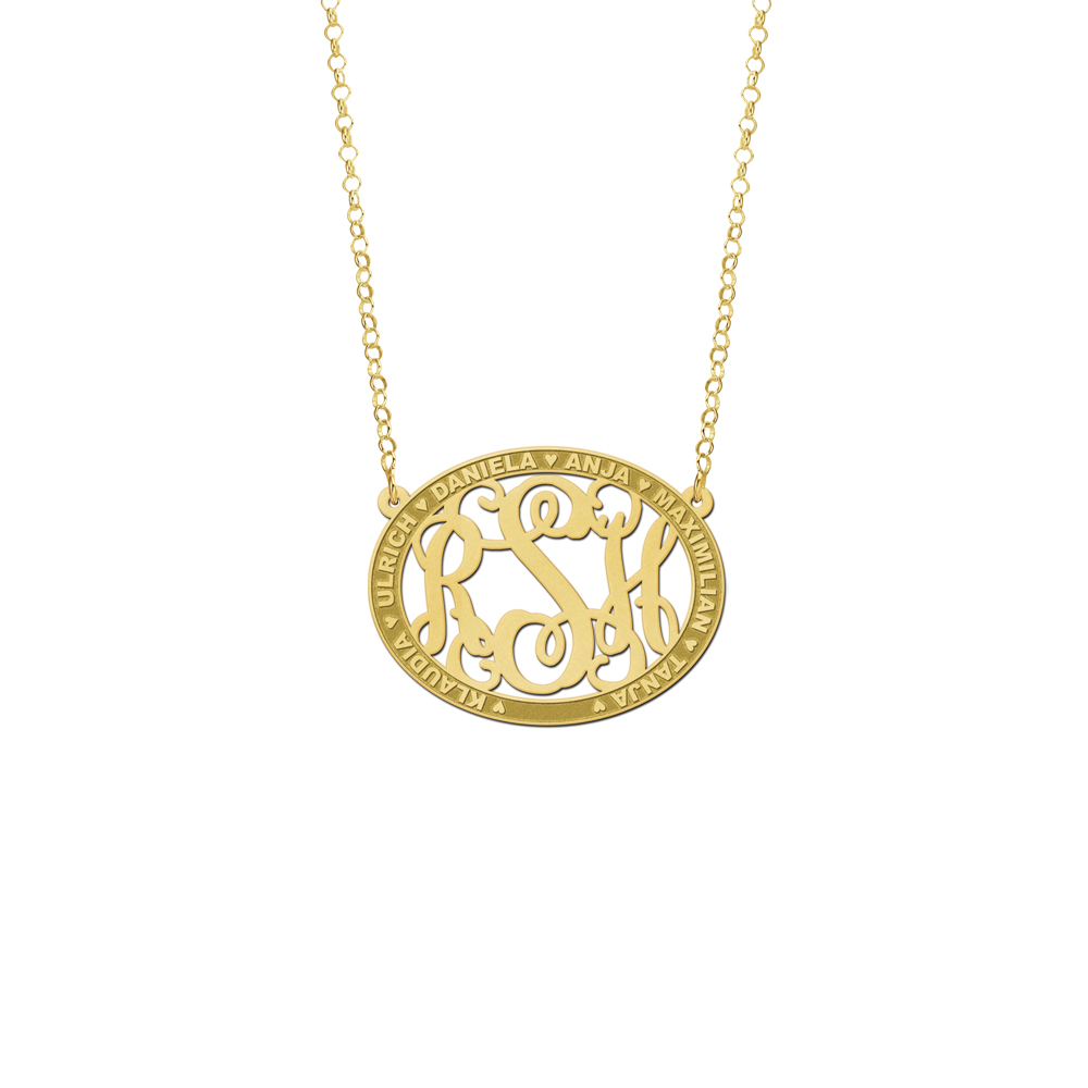 Gold Monogram Necklace with Names, Oval Medium