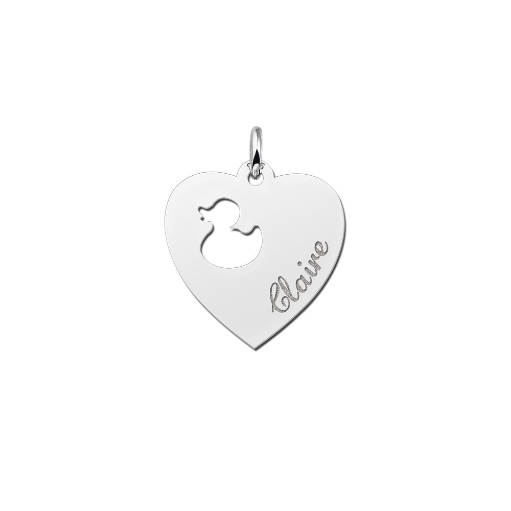 Engraved Silver Heart Necklace, Duck with Name