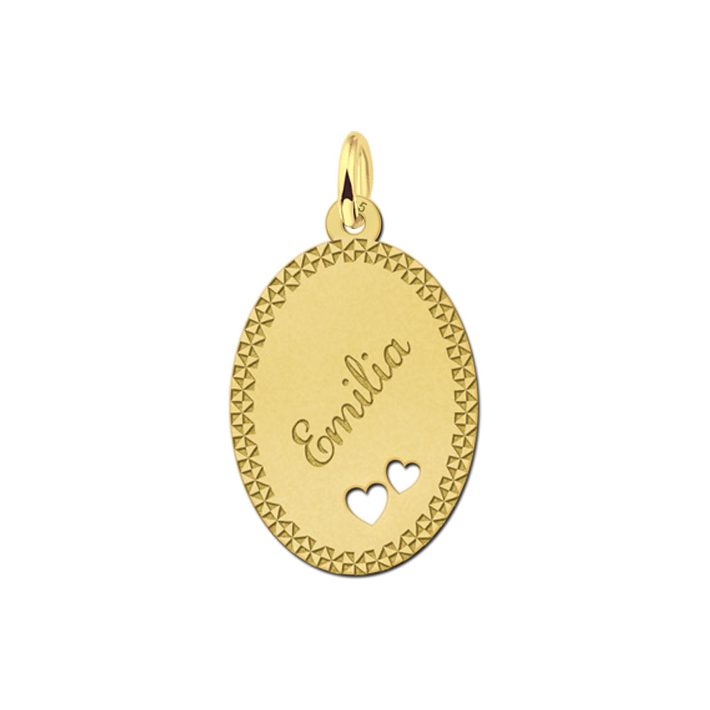 Gold-plated oval pendant with decorative border and two hearts