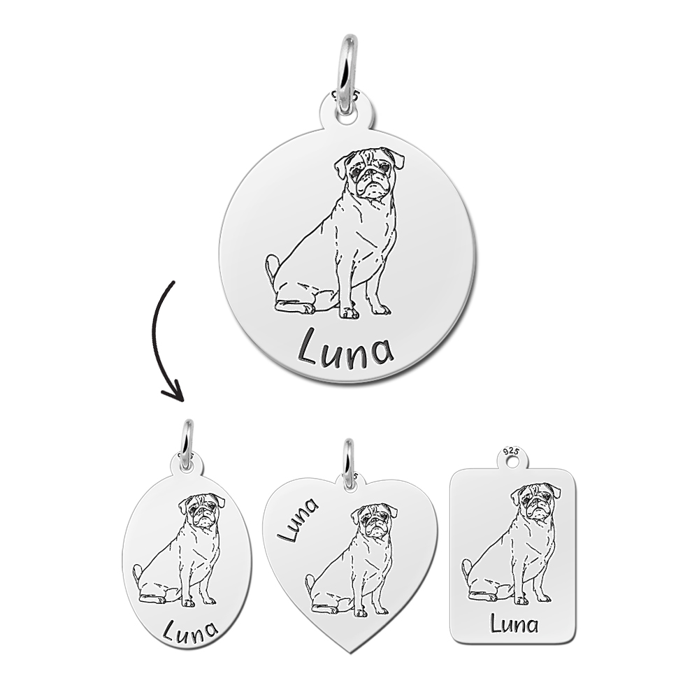 Silver portrait dog pendant pug