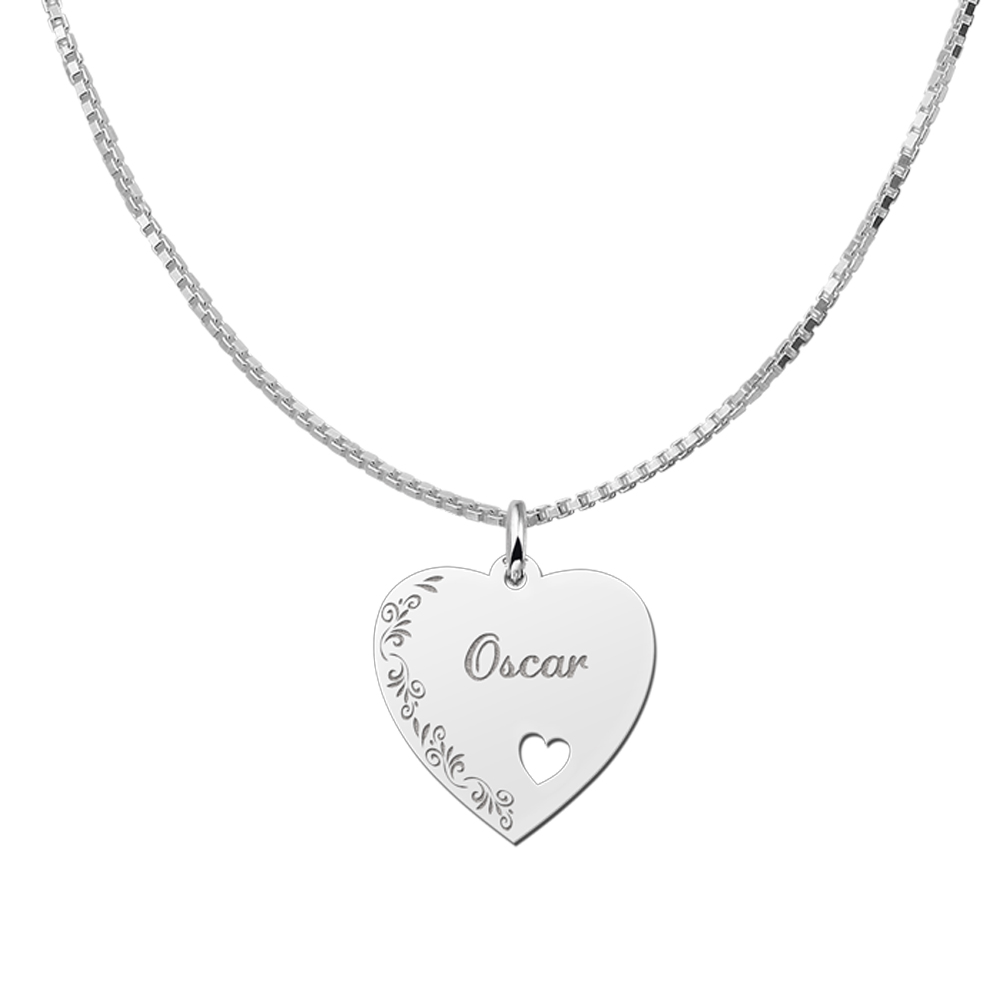 Silver engraved heart nametag flower design heart