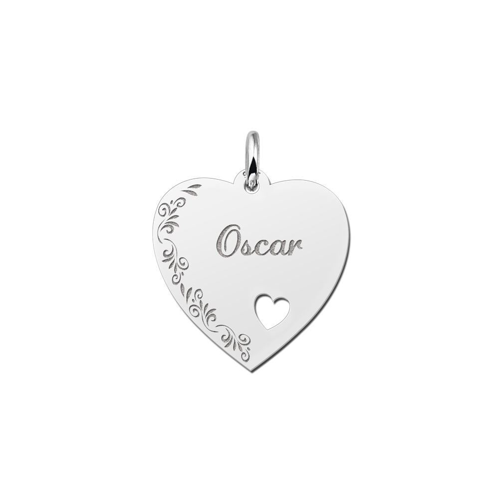 Silver engraved heart nametag flower design heart