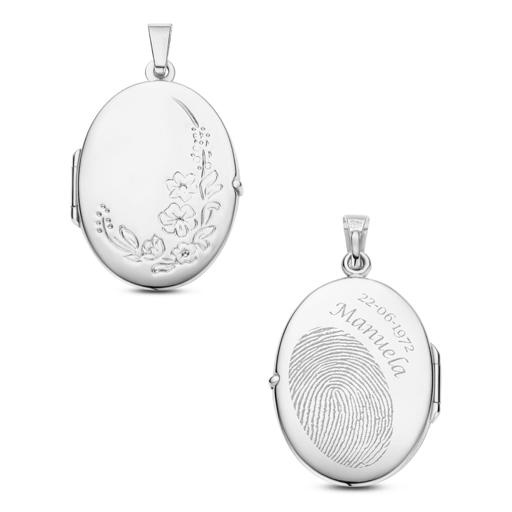 Silver medallion oval with flowers engraving