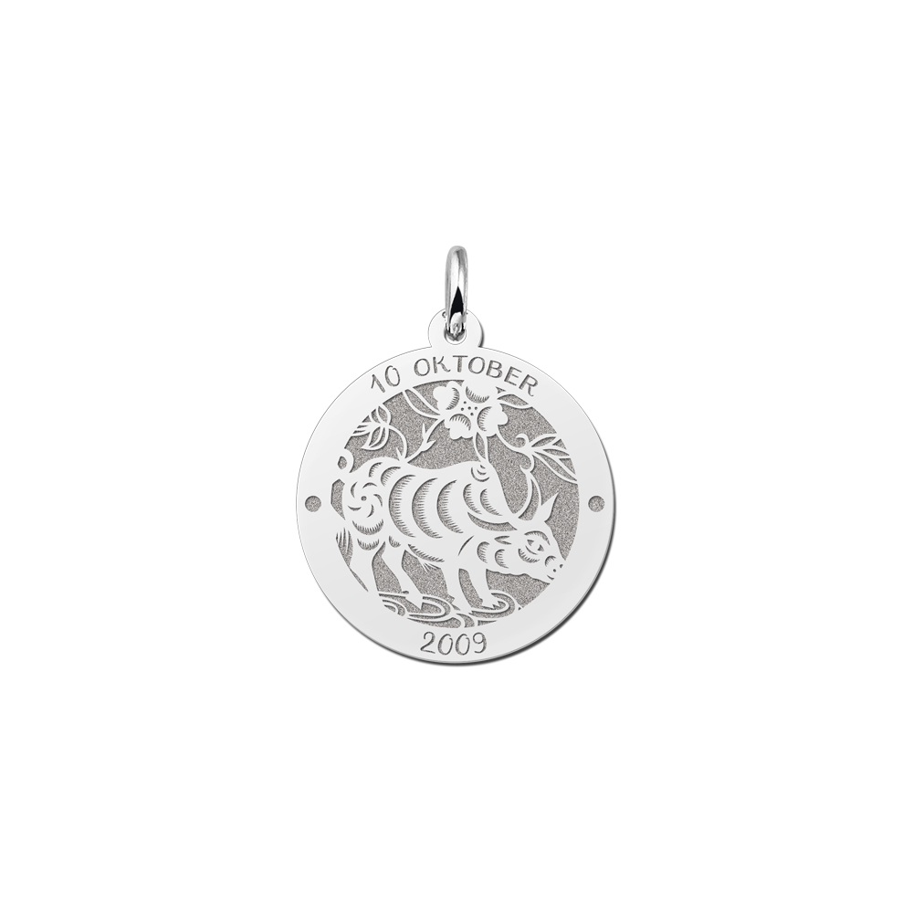 Silver round chinese zodiac pendant buffalo