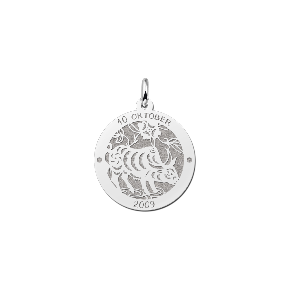 Silver Round Chinese Zodiac Pendant Ox with Name Engraving