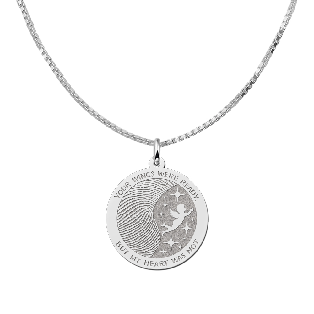 Round silver fingerprint pendant with angel