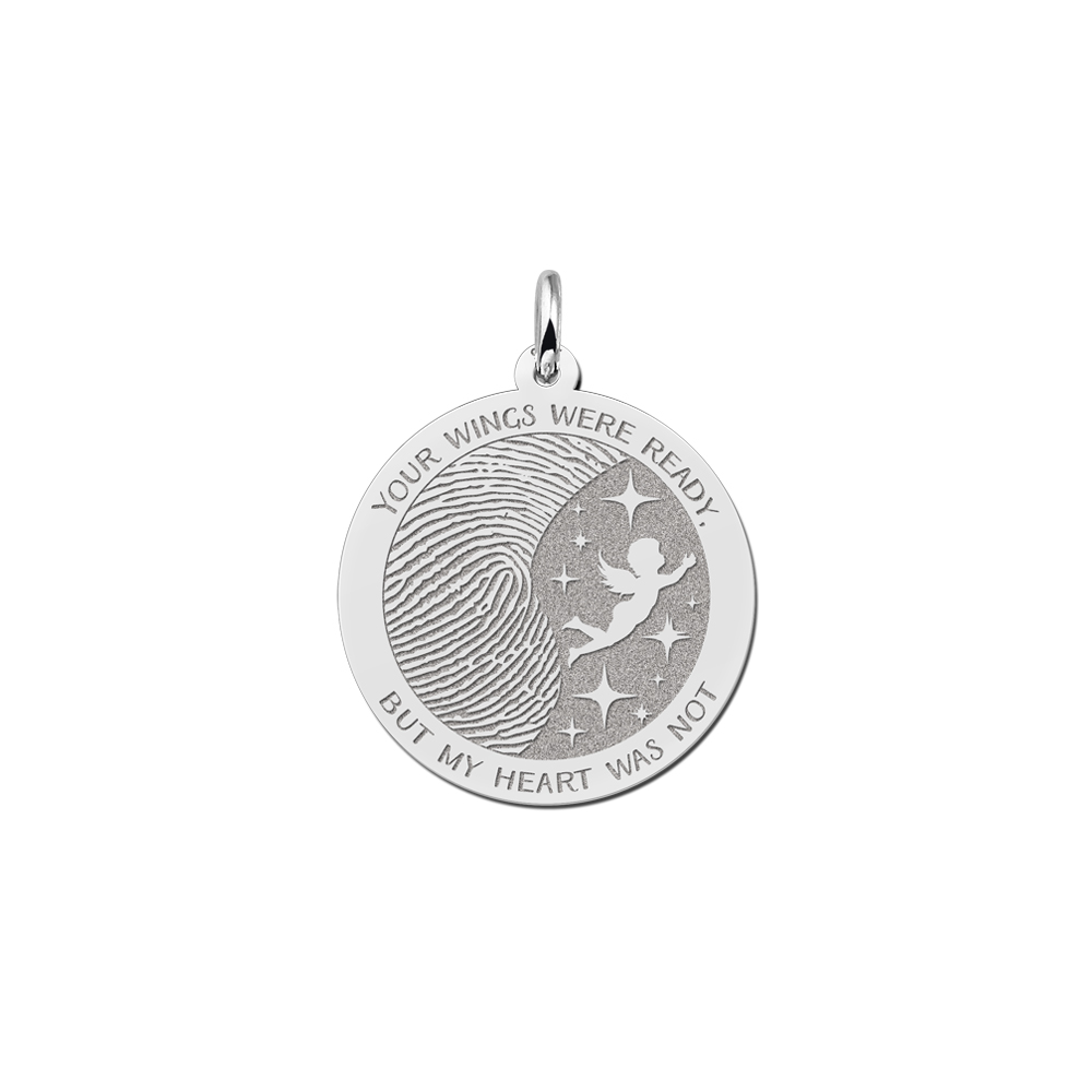 Round silver fingerprint pendant with angel