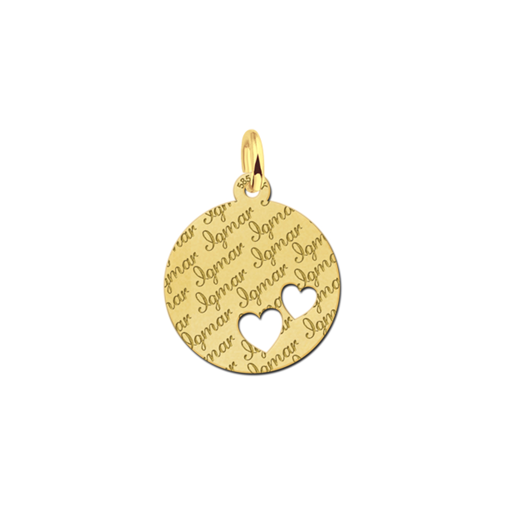 Golden Disc Necklace Repeatedly Engraved and Two Hearts
