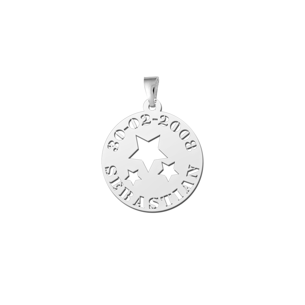 Silver Round Pendant Stars with Name and Date