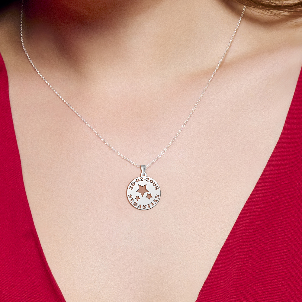 Silver Round Pendant Stars with Name and Date