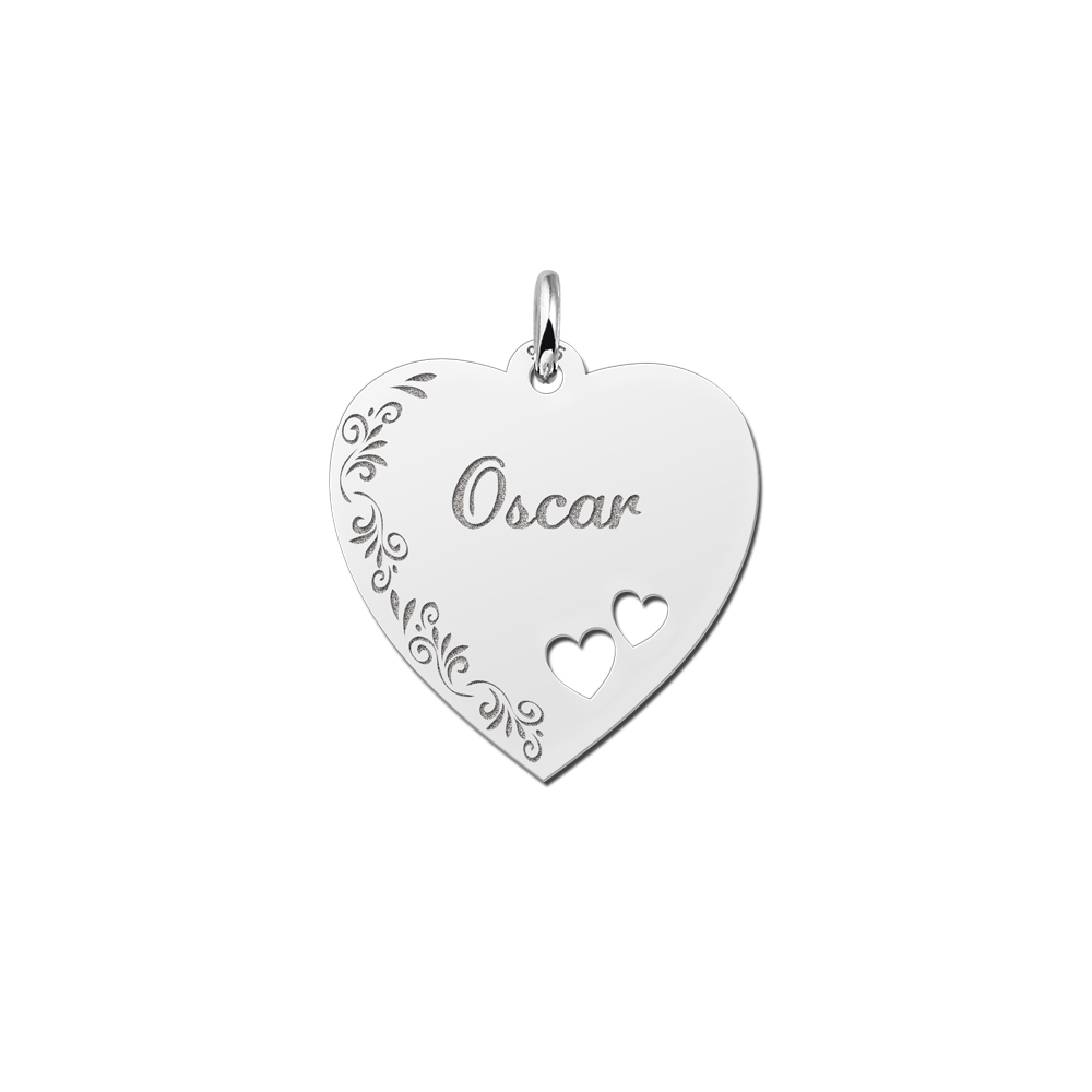 Silver engraved heart nametag flower design hearts