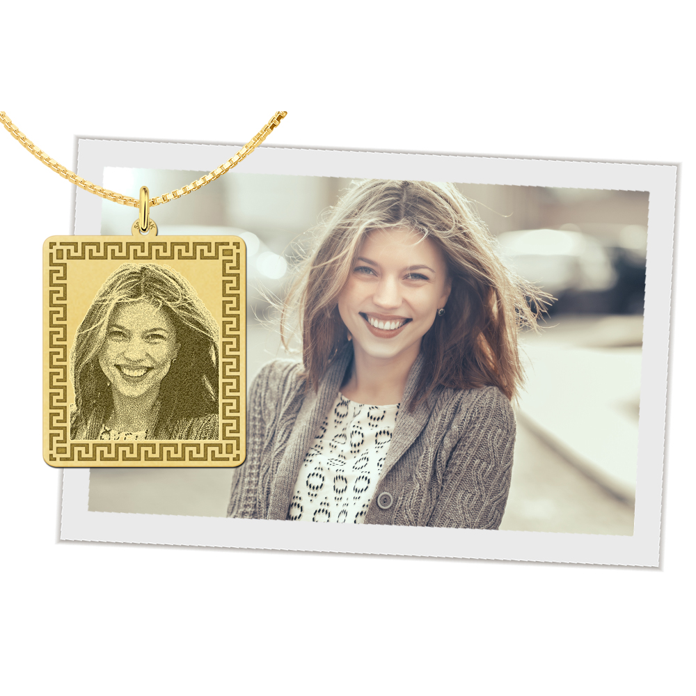Photo engraved pendant dog tag with hook pattern gold