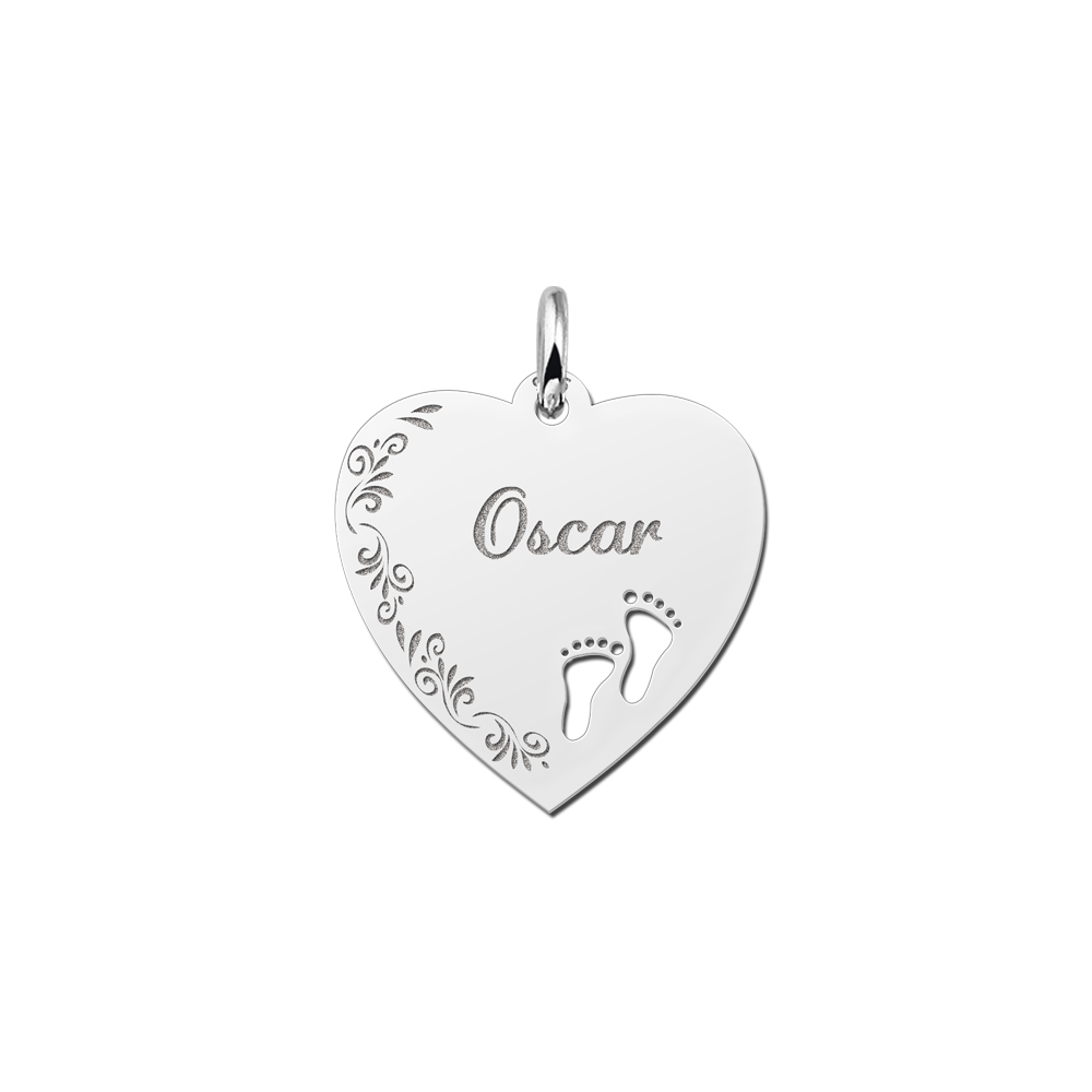 Silver engraved heart nametag flower design feet