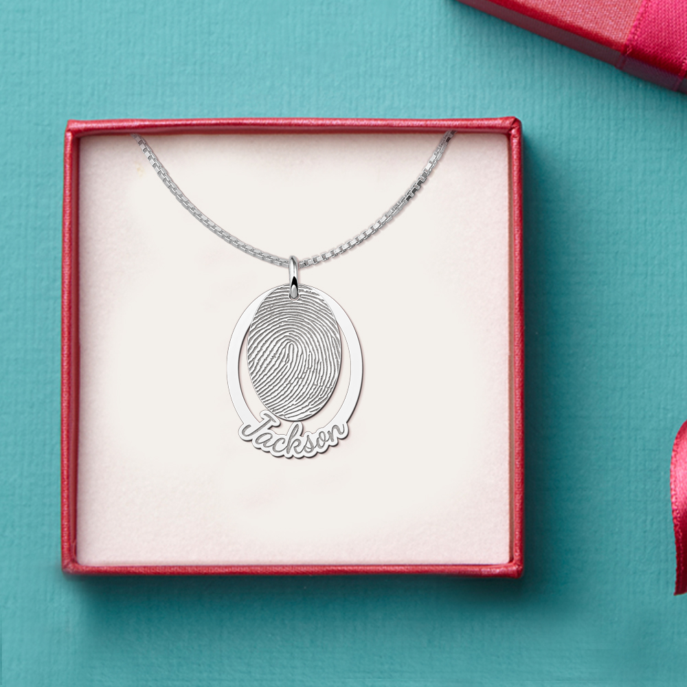 Silver two-piece fingerprint pendant oval