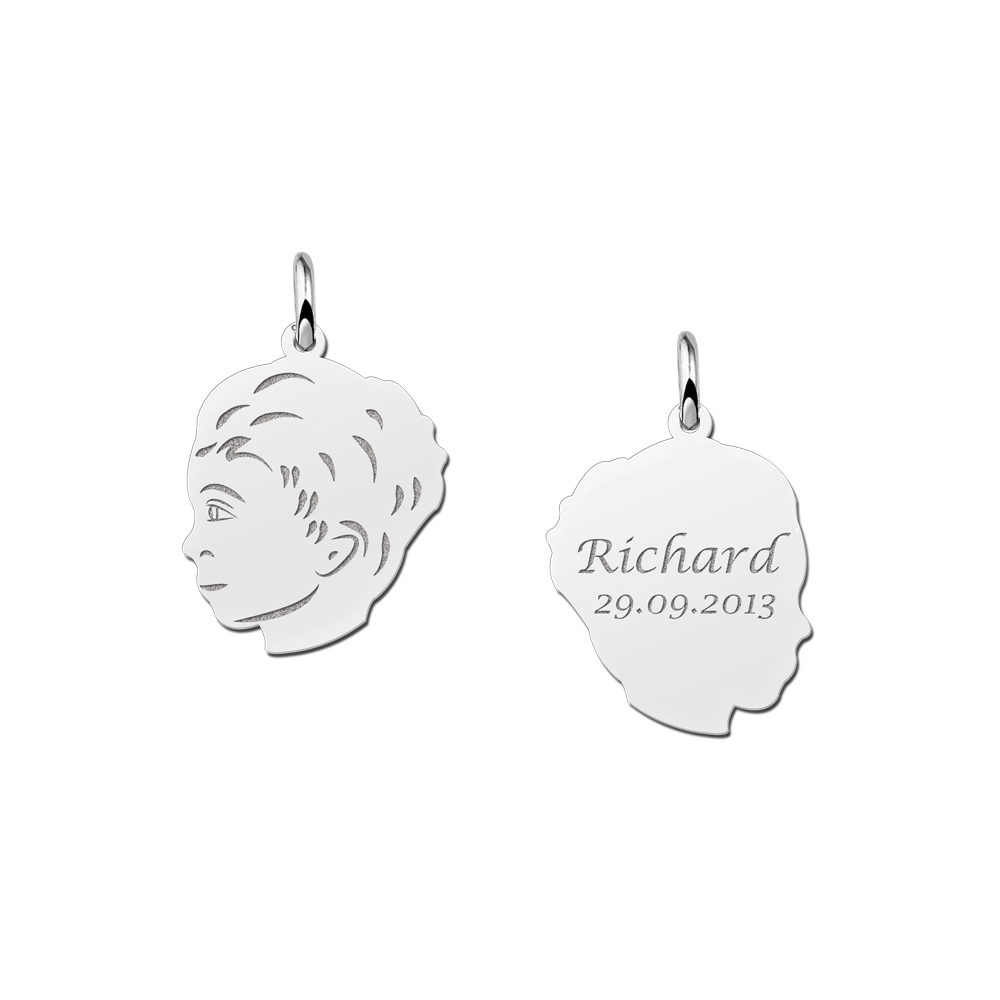 Silver boy child head pendant with back engraving