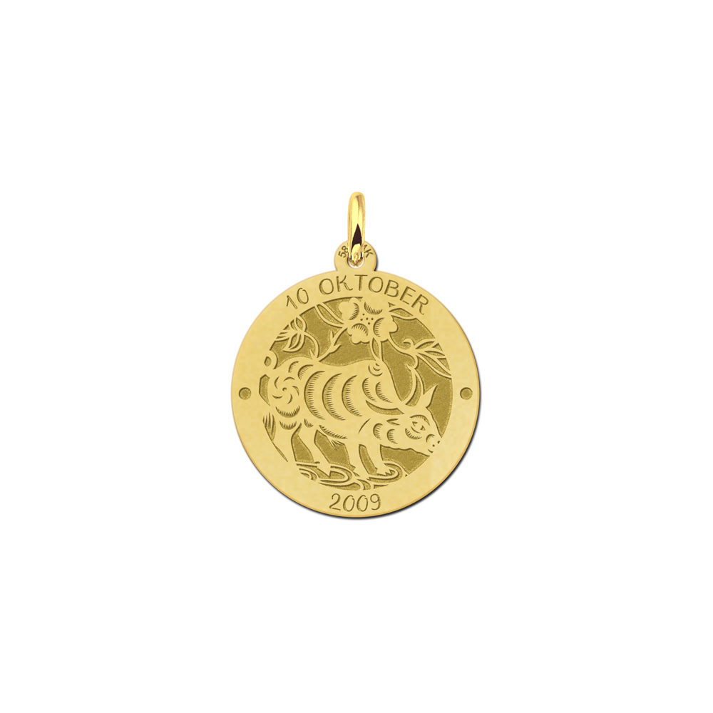 Gold round chinese zodiac pendant buffalo