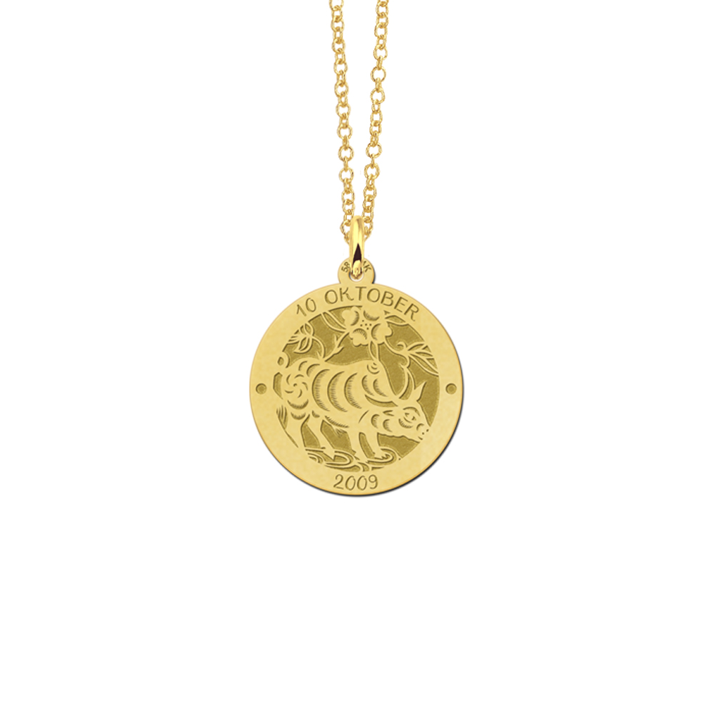 Gold round chinese zodiac pendant buffalo