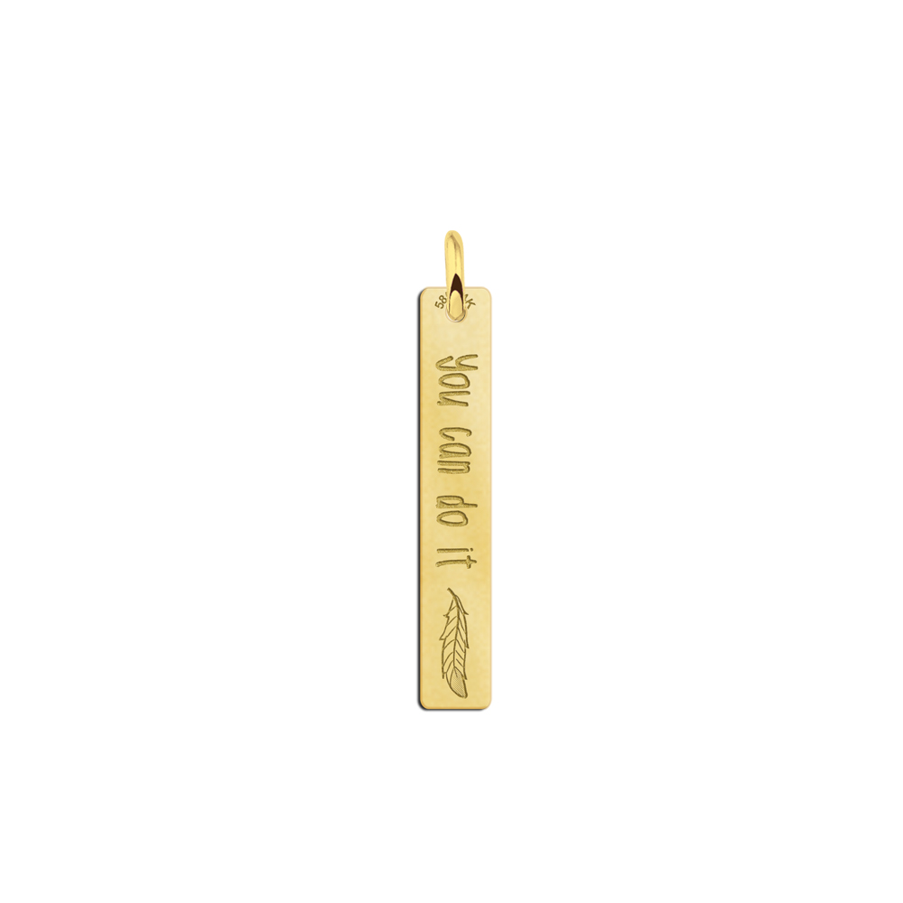 Golden bar necklace pendant with engravement and feather