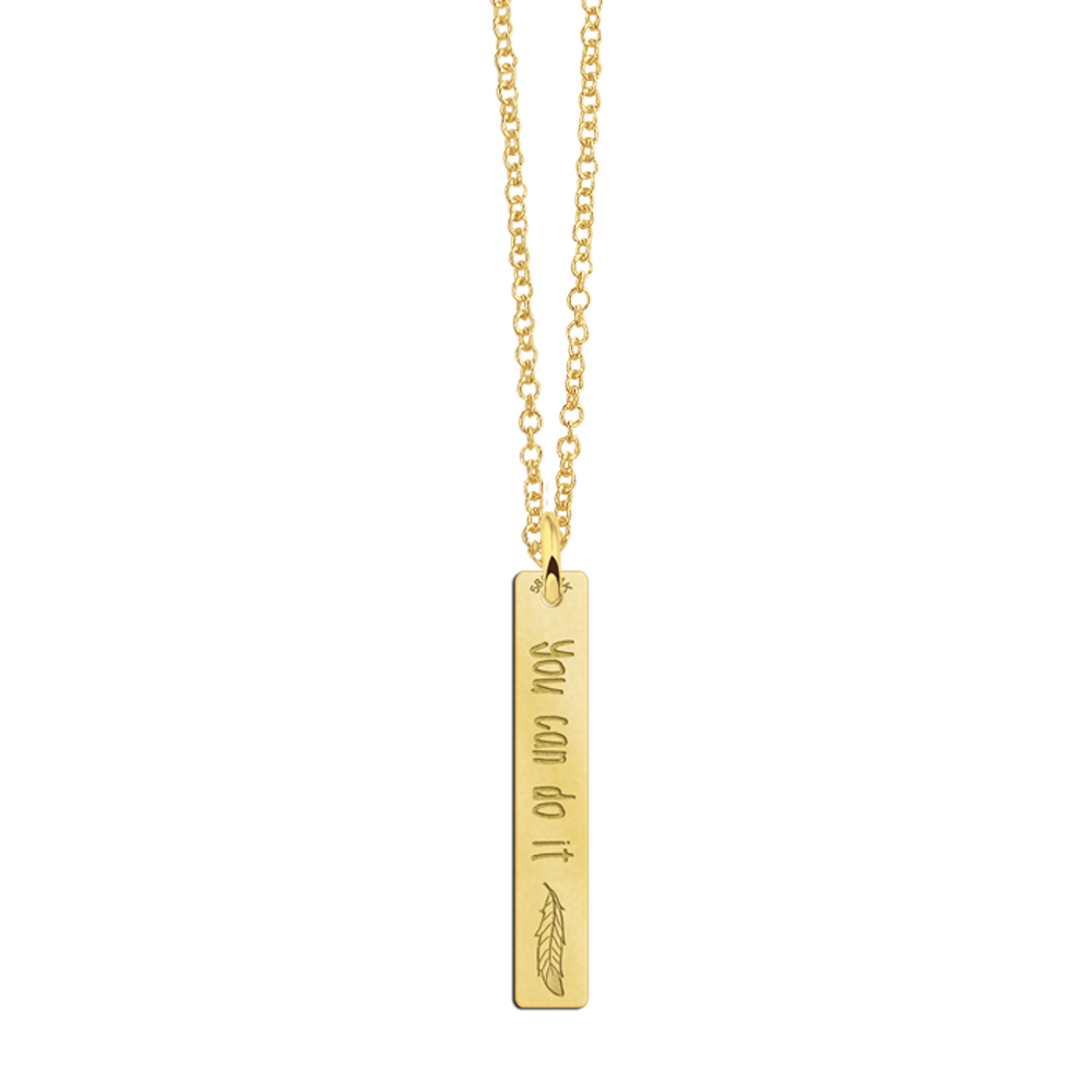 Golden bar necklace pendant with engravement and feather