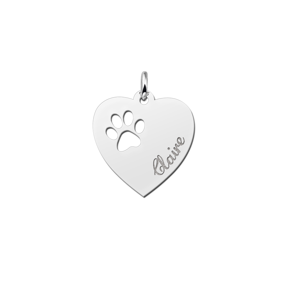 Engraved Silver Heart Necklace, Paw with Name