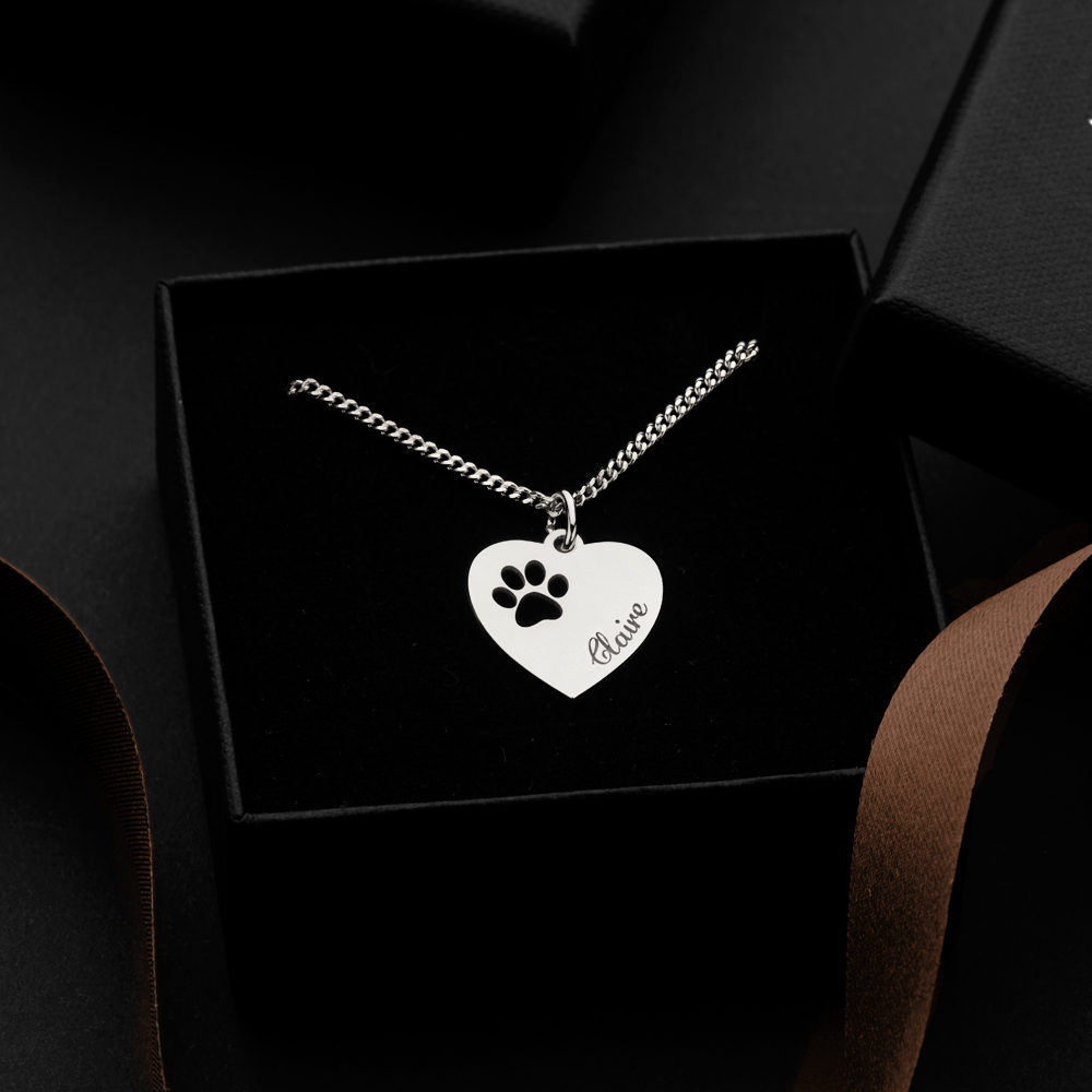 Engraved Silver Heart Necklace, Paw with Name