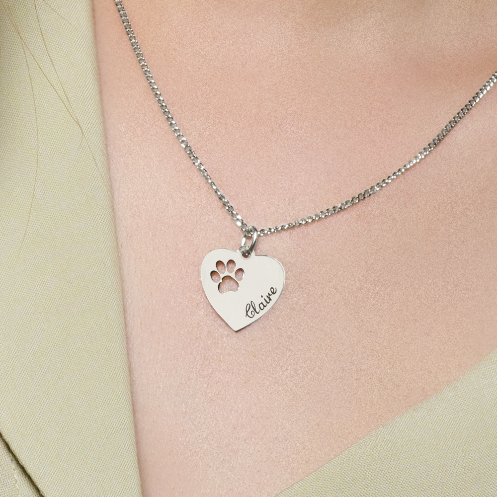 Engraved Silver Heart Necklace, Paw with Name