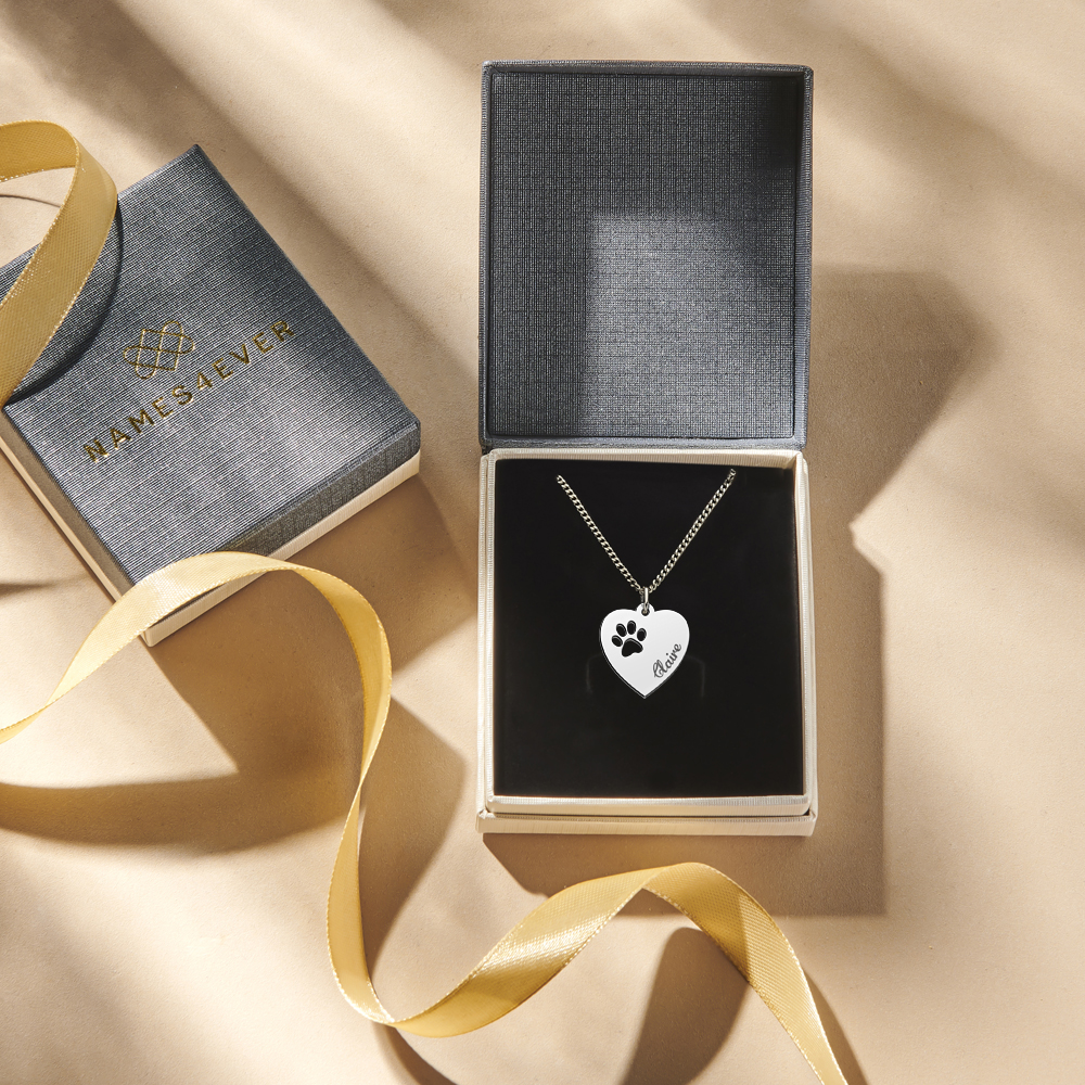 Engraved Silver Heart Necklace, Paw with Name