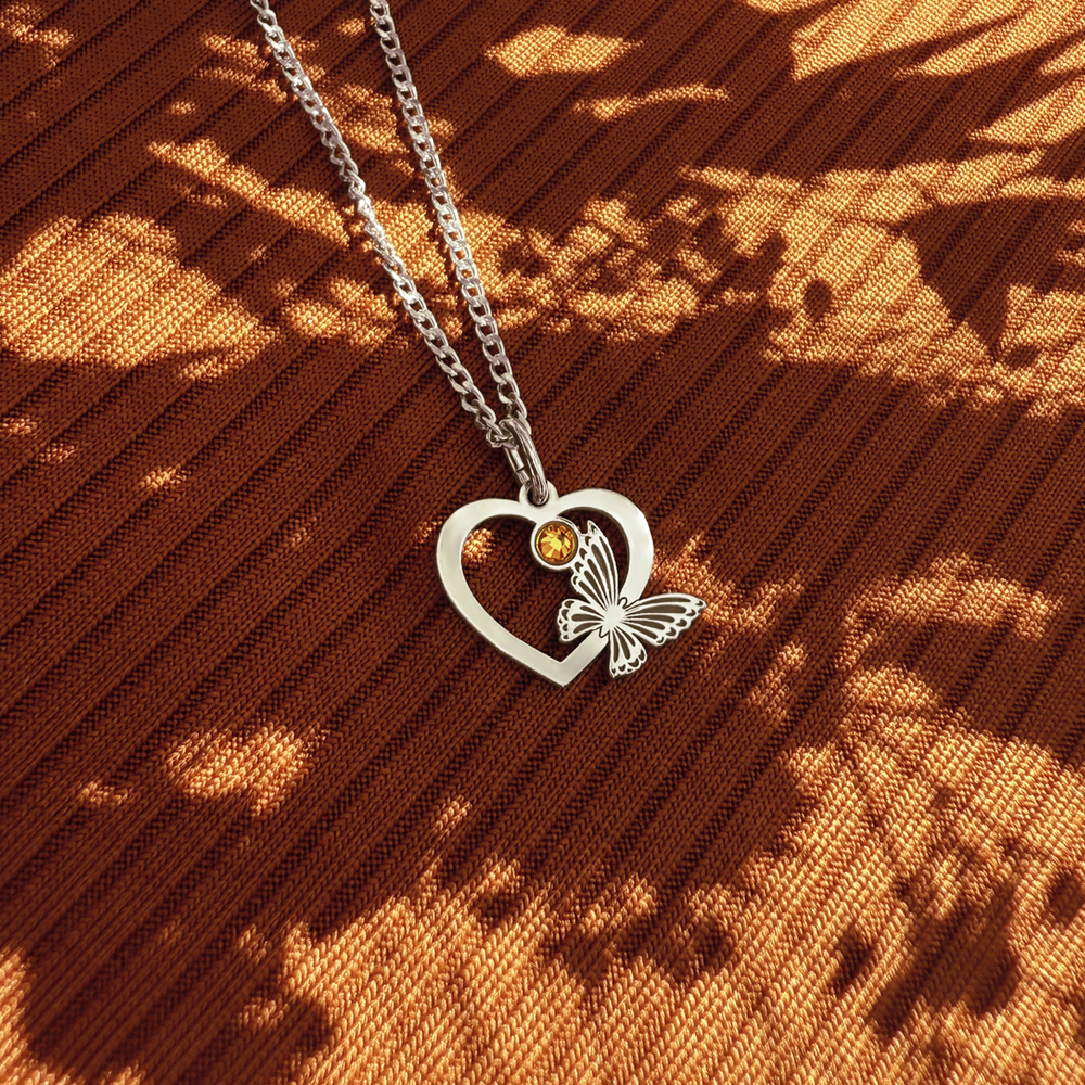 Silver heart with butterfly and birthstone