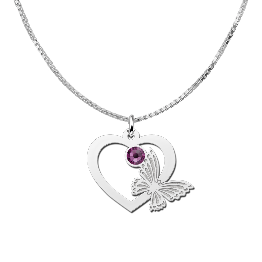 Silver heart with butterfly and birthstone