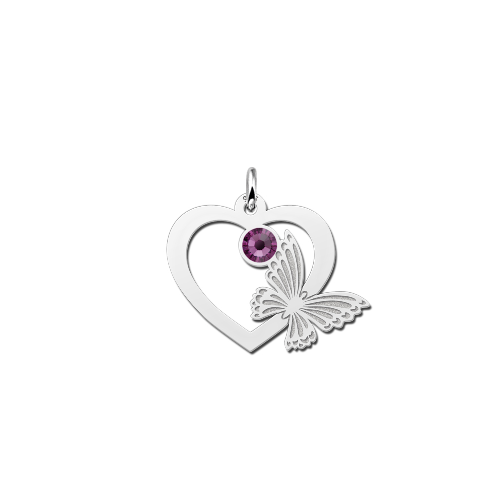 Silver heart with butterfly and birthstone
