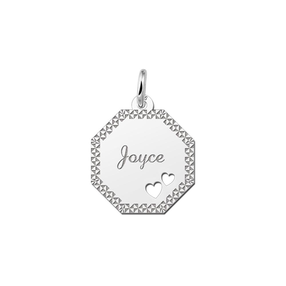 Silver octagonal pendant with border & 2 hearts
